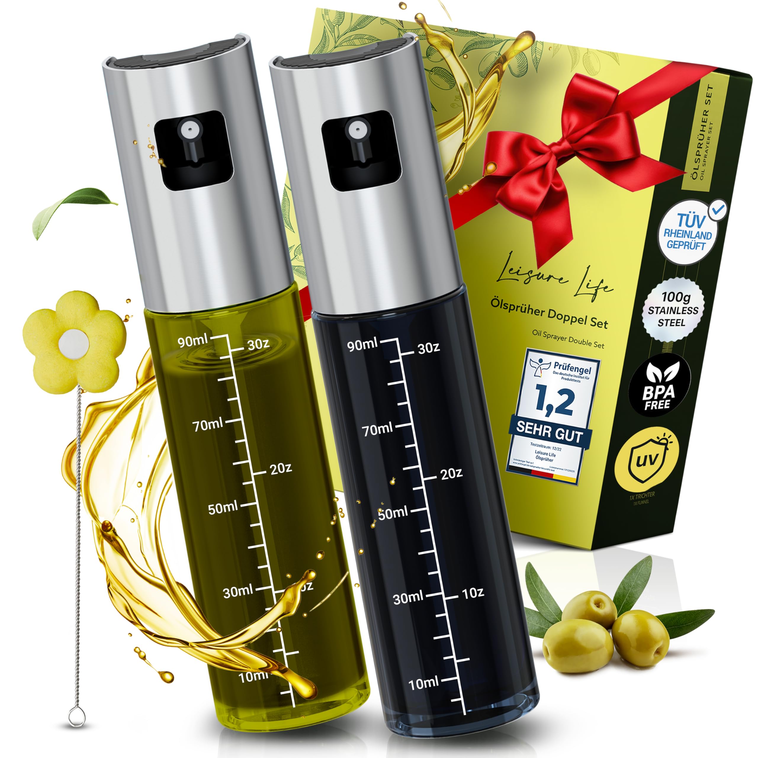 Leisure Life® NEUE-INFÜHRUNG 2er Set Ölsprüher 1 mm Edelstahlmantel UV-Schutzglas BPA-frei 100 ml Ölzerstäuber für Olive